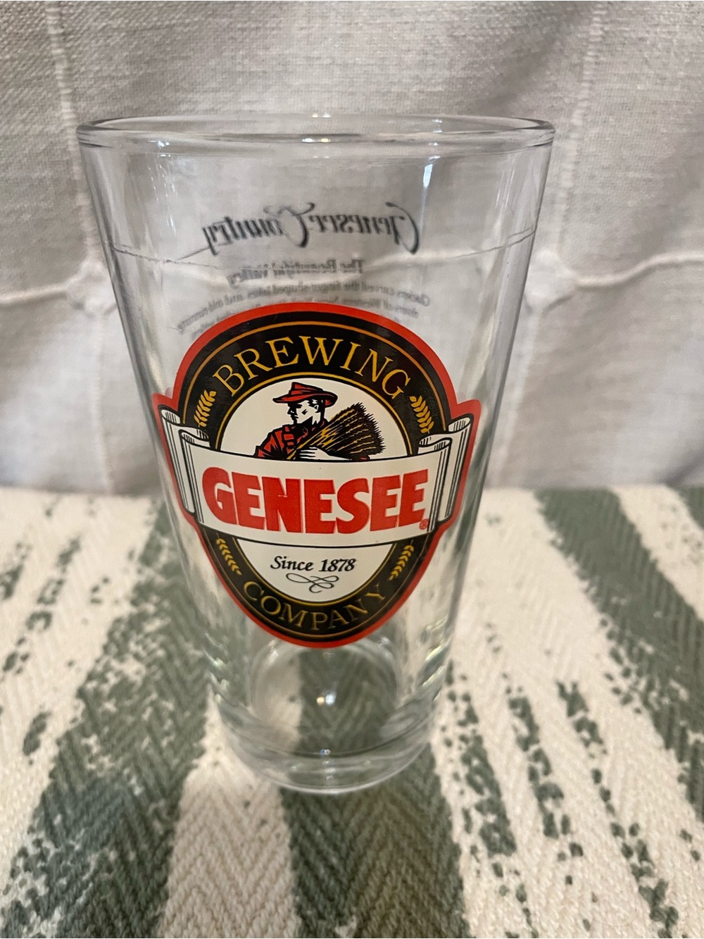 16-ounce glass features the classic red, black, and gold Genesee Brewing Co
